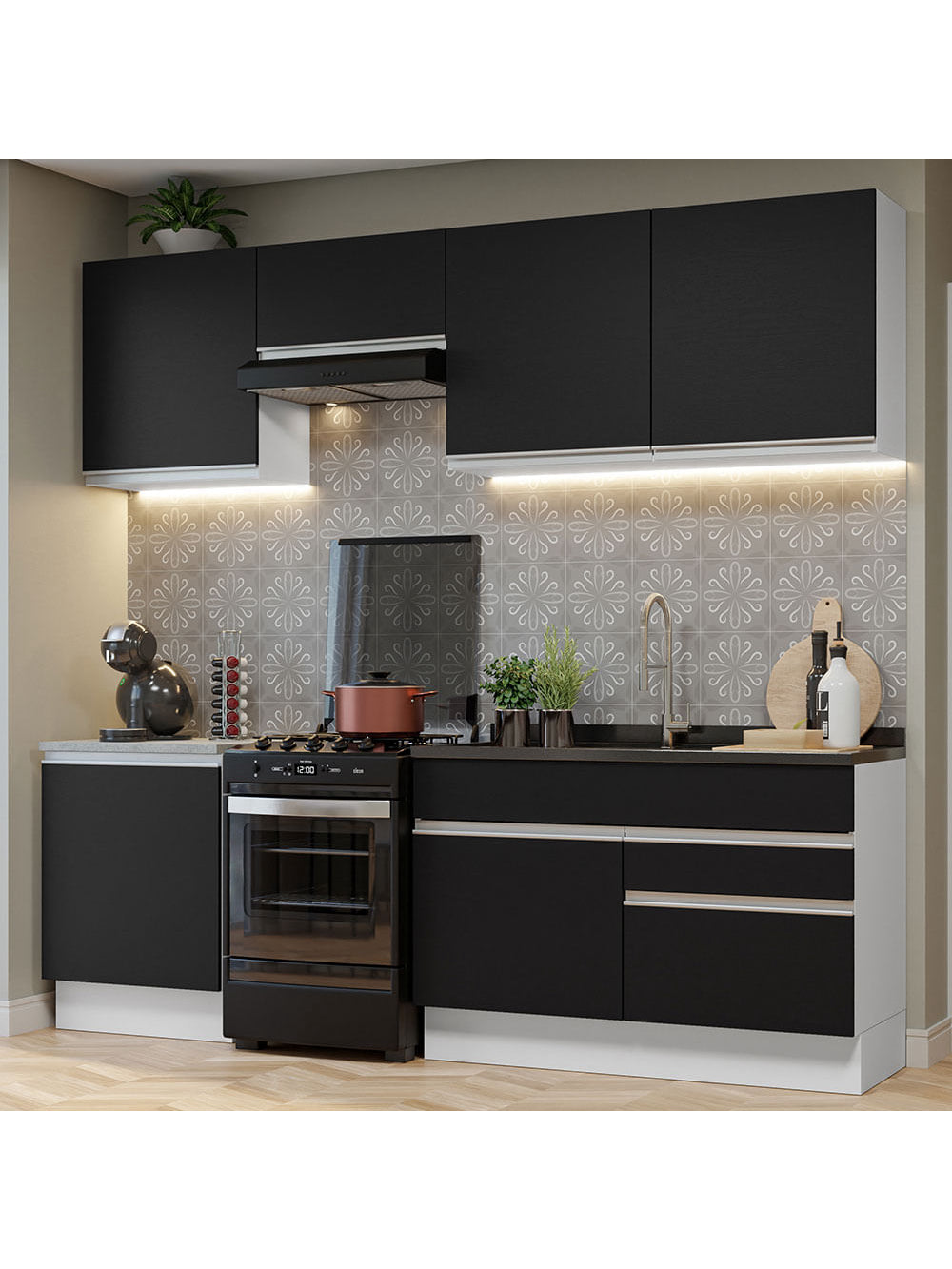 Armário de Cozinha Completa 240cm Branco/Preto Glamy Madesa 08 - Branco/Preto