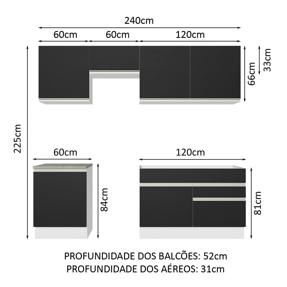 Armário de Cozinha Completa 240cm Branco/Preto Glamy Madesa 08