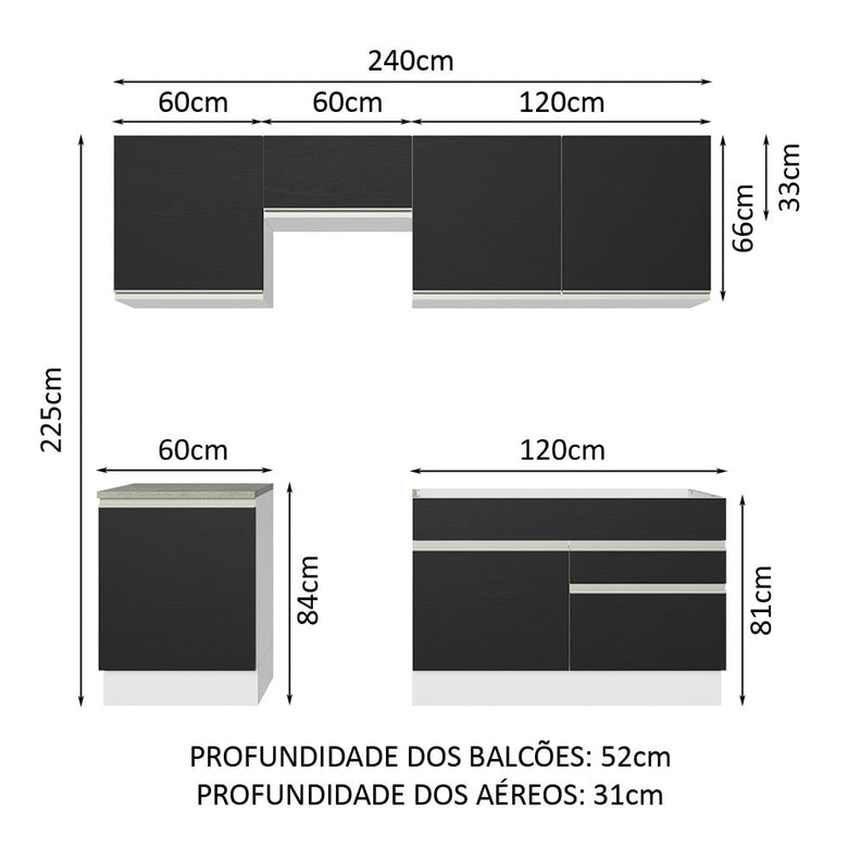 Armário de Cozinha Completa 240cm Branco/Preto Glamy Madesa 08