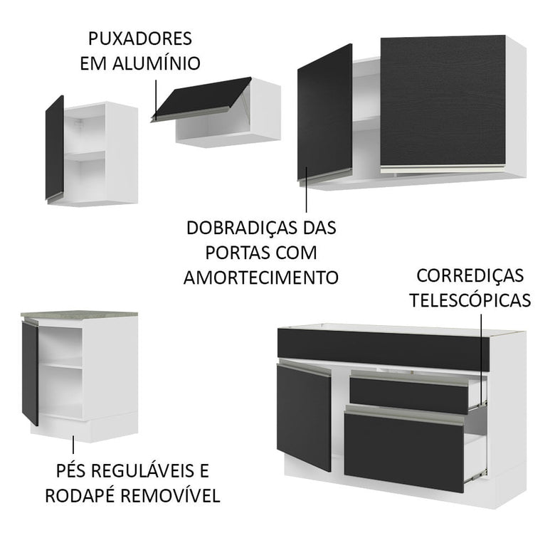 Armário de Cozinha Completa 240cm Branco/Preto Glamy Madesa 08