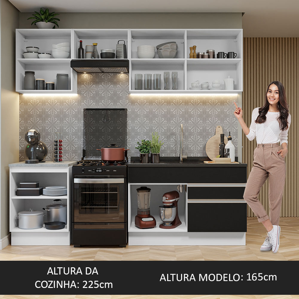 Armário de Cozinha Completa 240cm Branco/Preto Glamy Madesa 08