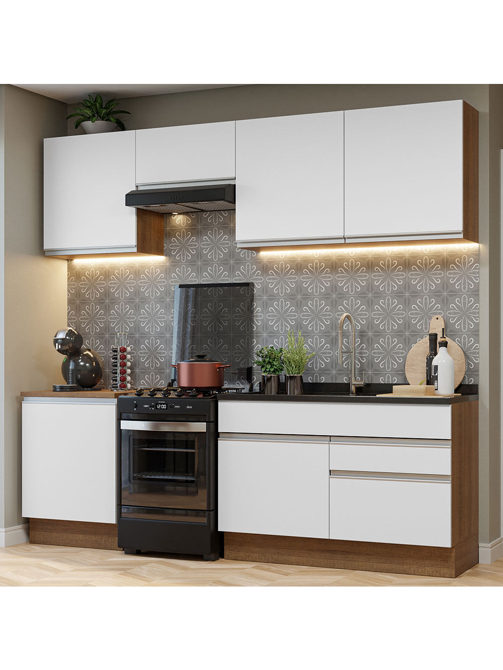 Armário de Cozinha Completa 240cm Rustic/Branco Glamy Madesa 08 - Rustic/Branco