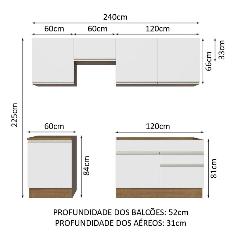 Armário de Cozinha Completa 240cm Rustic/Branco Glamy Madesa 08