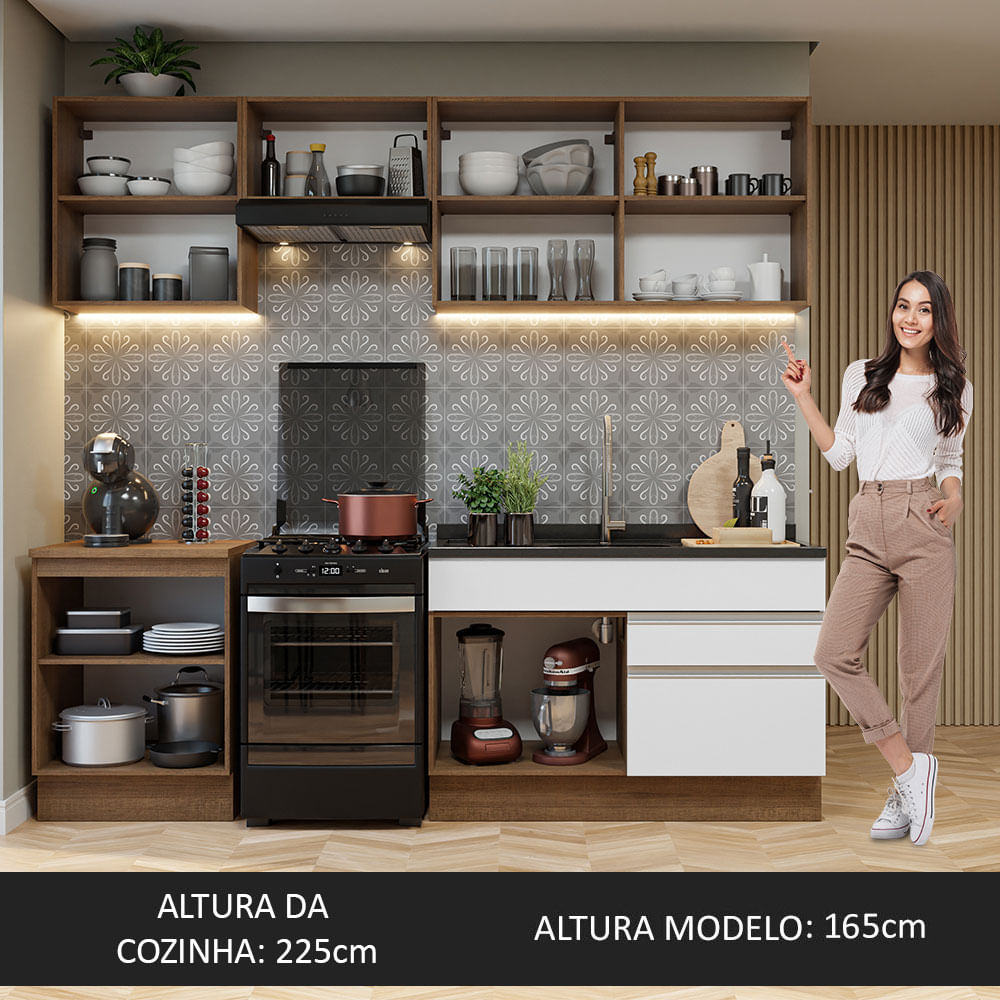 Armário de Cozinha Completa 240cm Rustic/Branco Glamy Madesa 08