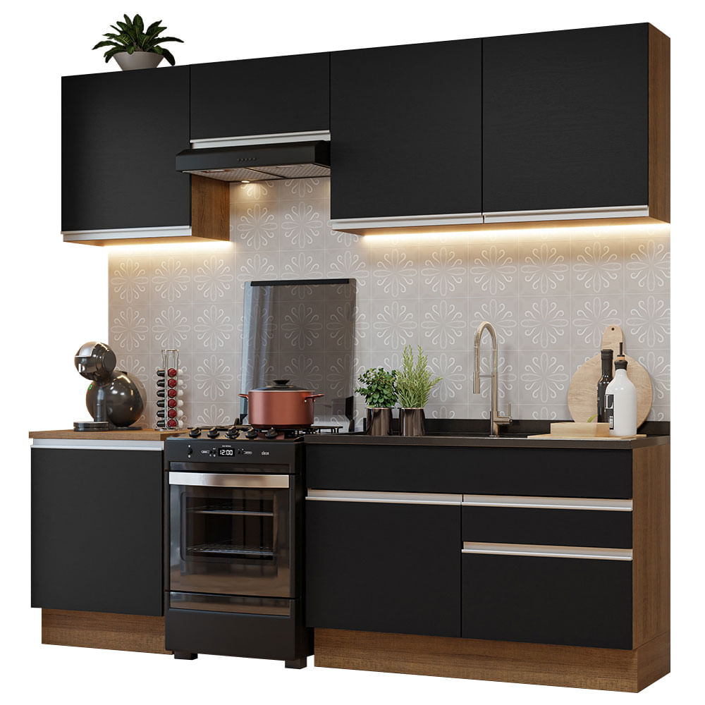 Armário de Cozinha Completa 240cm Rustic/Preto Glamy Madesa 08 - Rustic/Preto