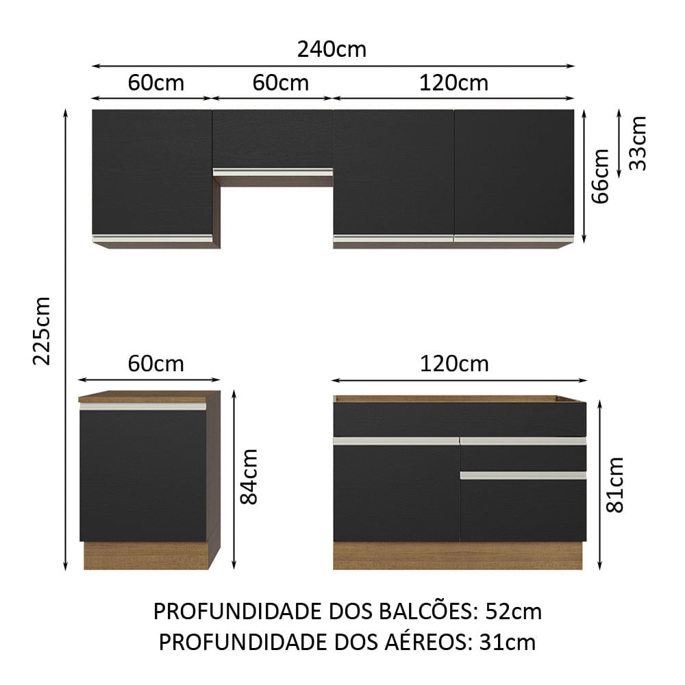 Armário de Cozinha Completa 240cm Rustic/Preto Glamy Madesa 08