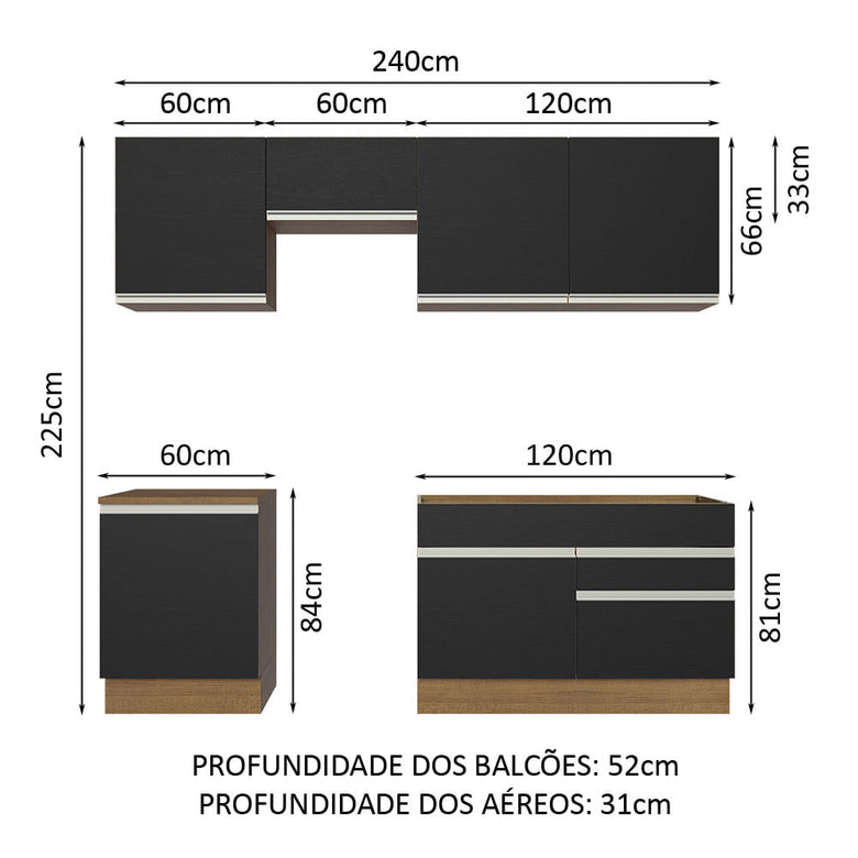 Armário de Cozinha Completa 240cm Rustic/Preto Glamy Madesa 08