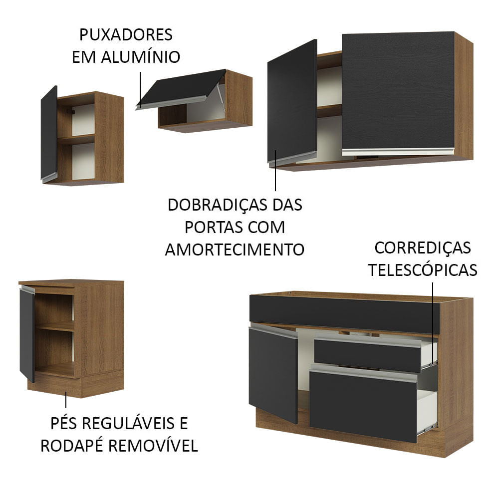 Armário de Cozinha Completa 240cm Rustic/Preto Glamy Madesa 08