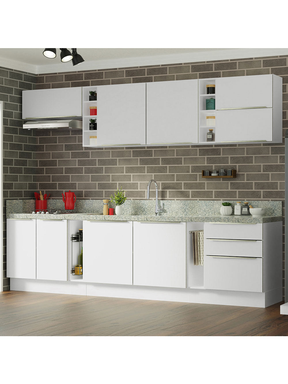 Armário de Cozinha Completa 300cm Branco Veludo Lux da Sabrina Madesa - Branco/Branco Veludo