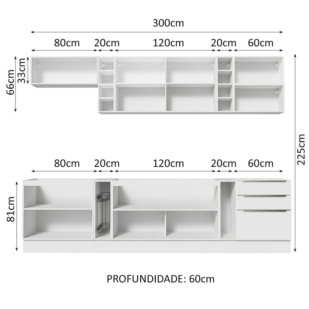 Armário de Cozinha Completa 300cm Branco Veludo Lux da Sabrina Madesa