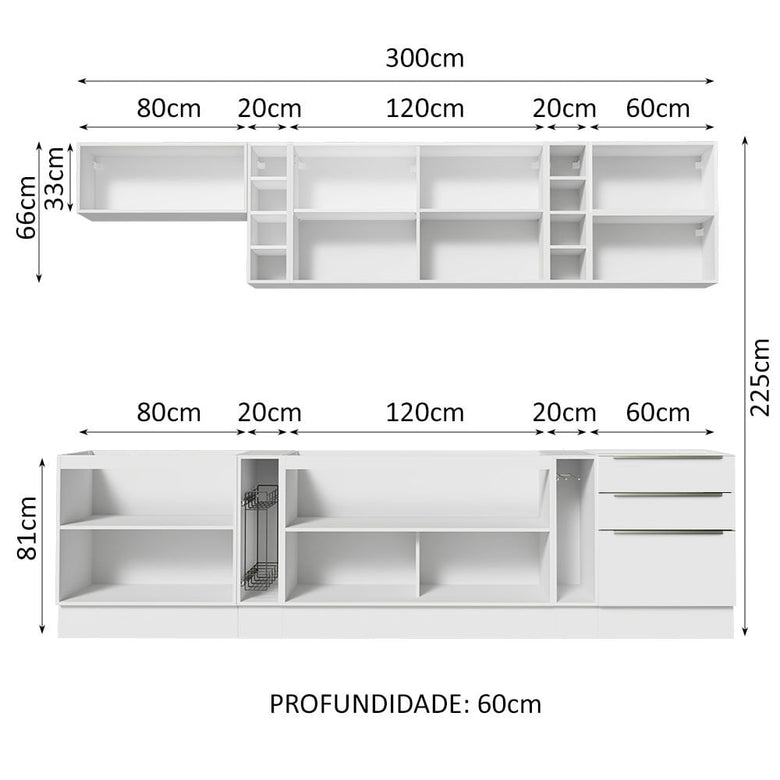 Armário de Cozinha Completa 300cm Branco Veludo Lux da Sabrina Madesa