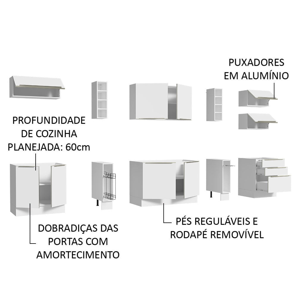 Armário de Cozinha Completa 300cm Branco Veludo Lux da Sabrina Madesa