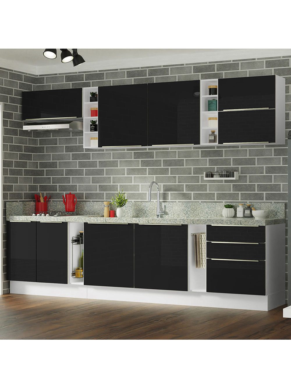 Armário de Cozinha Completa 300cm Branco/Preto Lux da Sabrina Madesa - Branco/Preto