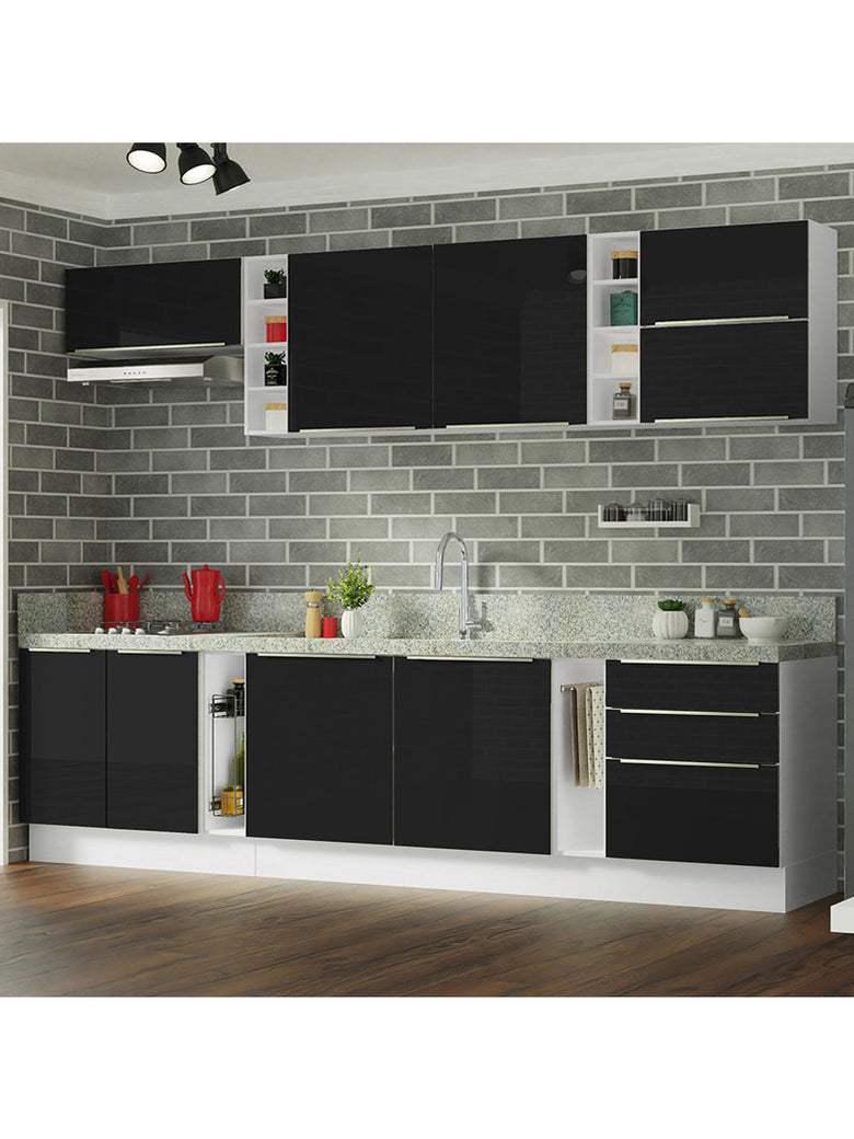 Armário de Cozinha Completa 300cm Branco/Preto Lux da Sabrina Madesa