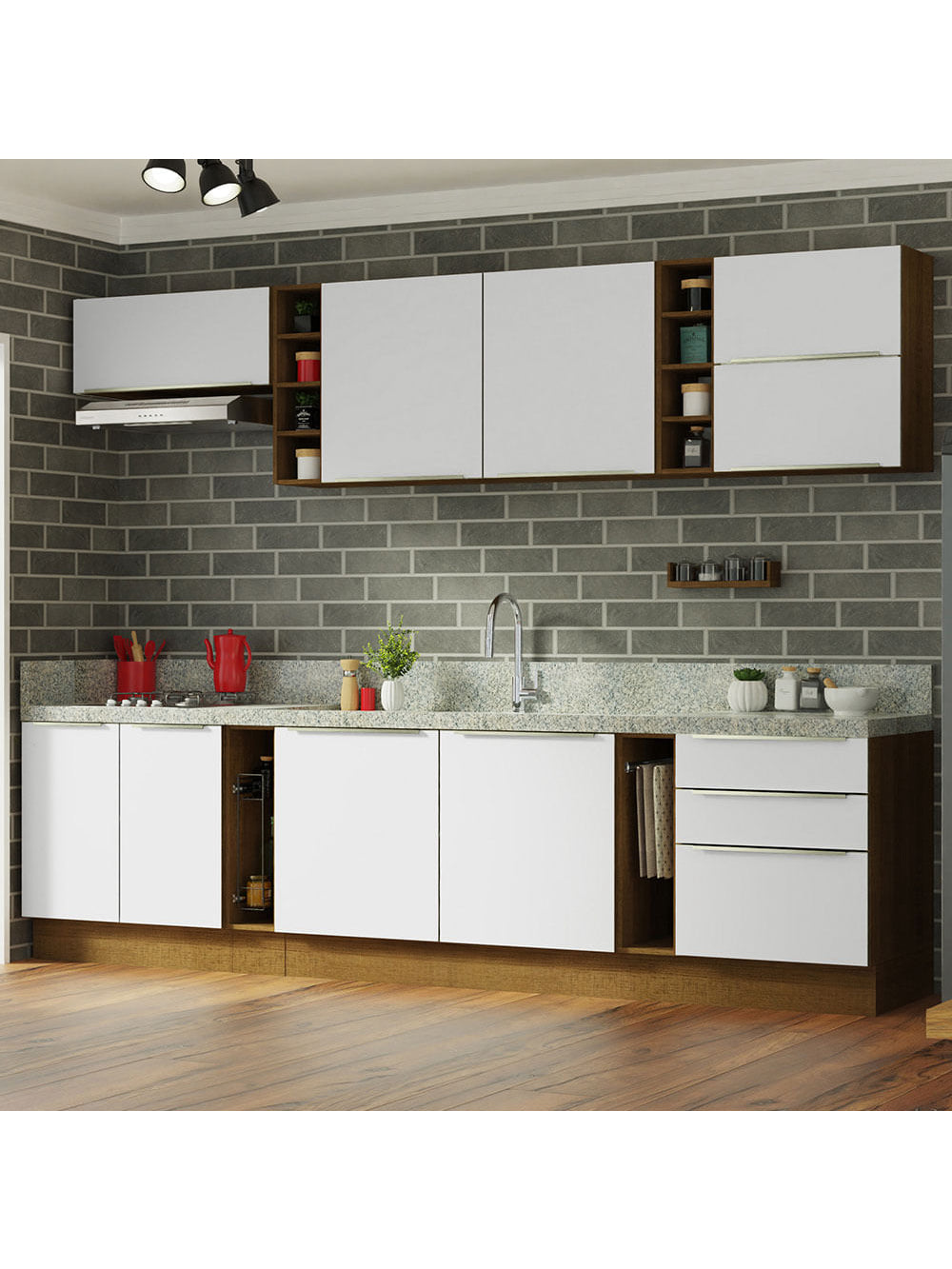 Armário de Cozinha Completa 300cm Rustic/Branco Veludo Lux da Sabrina Madesa - Rustic/Branco Veludo