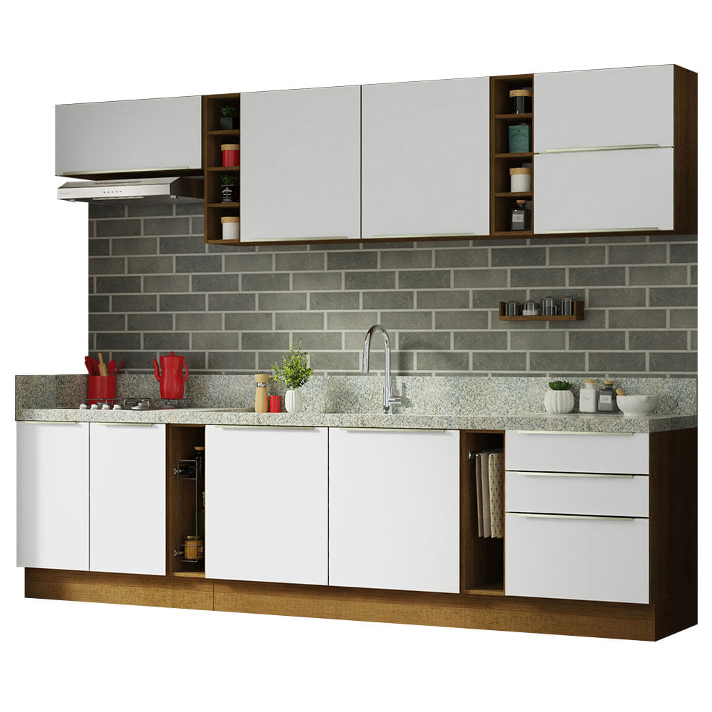 Armário de Cozinha Completa 300cm Rustic/Branco Veludo Lux da Sabrina Madesa - Rustic/Branco Veludo