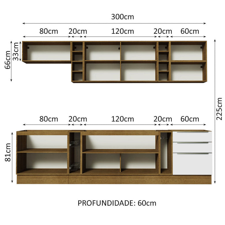 Armário de Cozinha Completa 300cm Rustic/Branco Veludo Lux da Sabrina Madesa