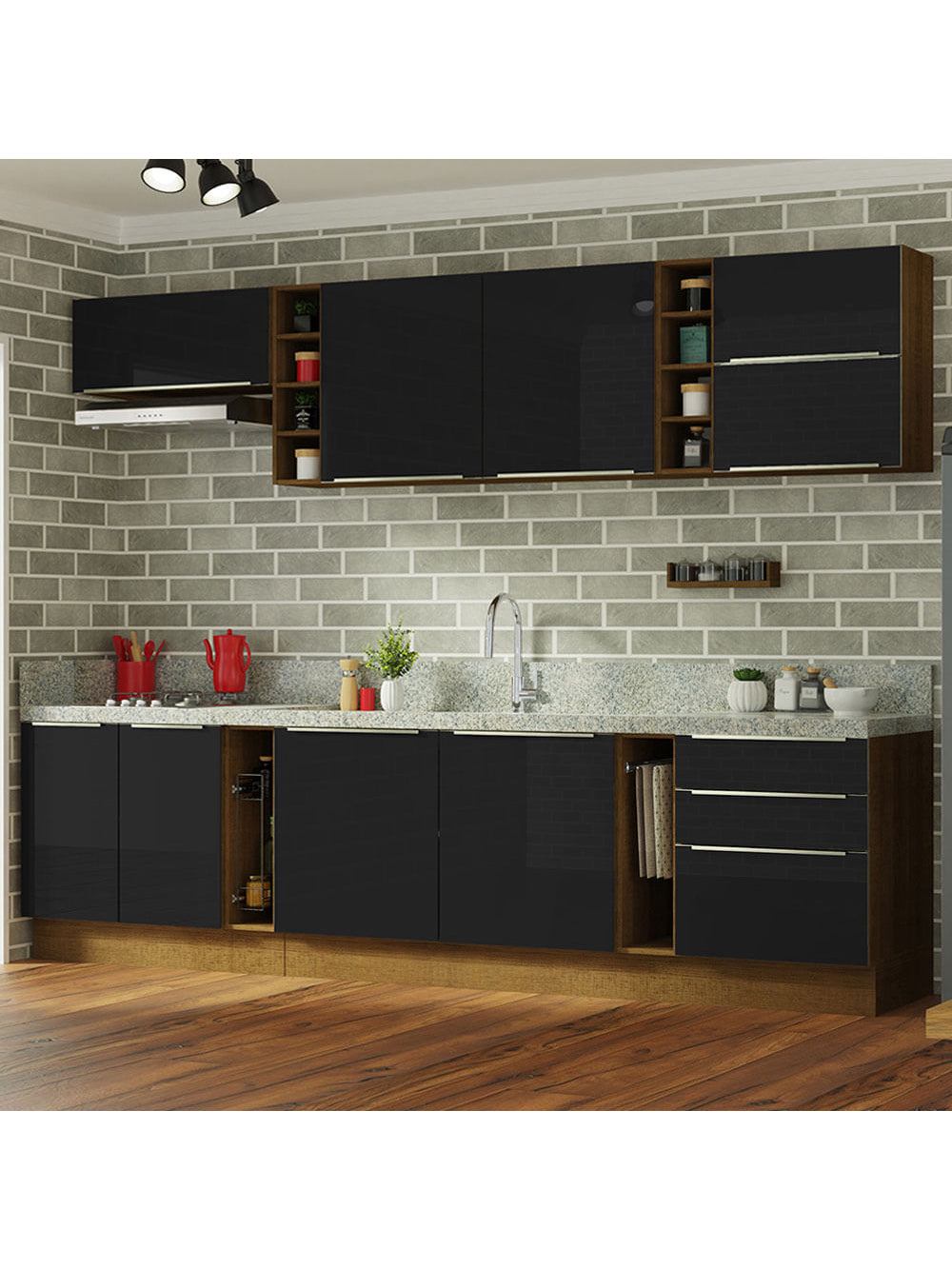 Armário de Cozinha Completa 300cm Rustic/Preto Lux da Sabrina Madesa - Rustic/Preto