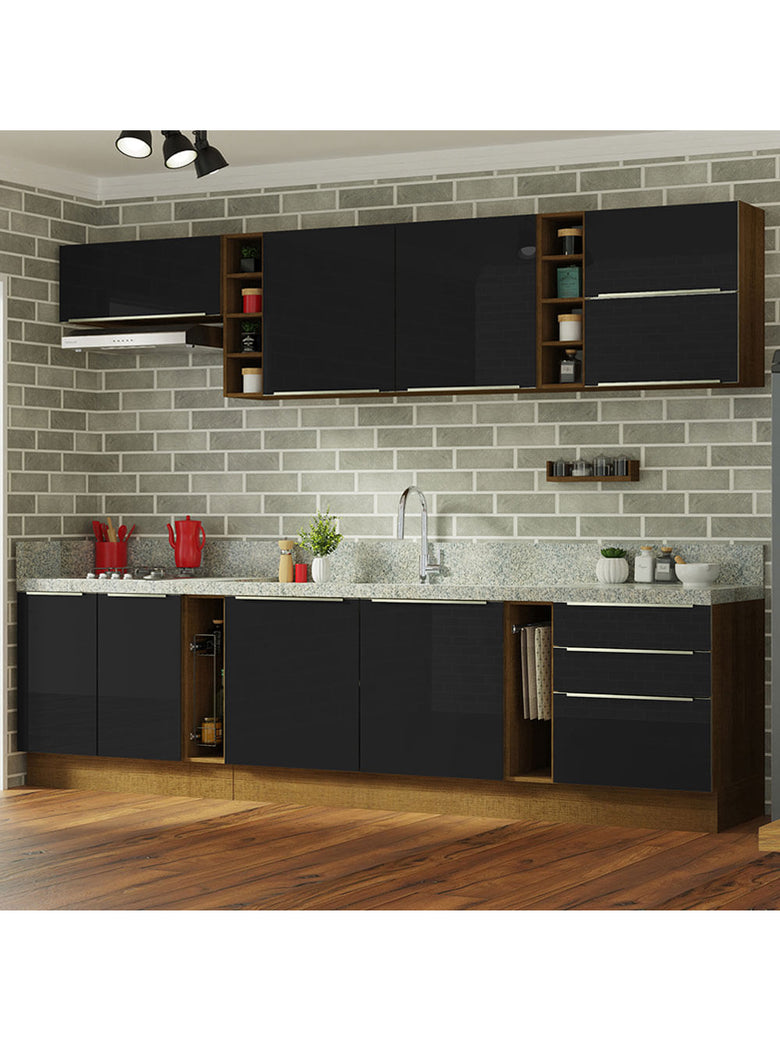 Armário de Cozinha Completa 300cm Rustic/Preto Lux da Sabrina Madesa