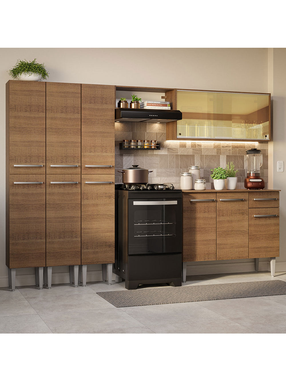 Armário de Cozinha Completa 261cm Rustic Emilly Madesa 05 - Rustic