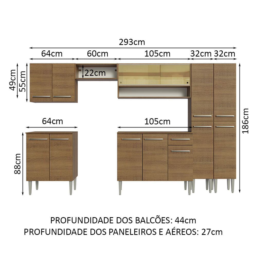 Armário de Cozinha Completa 293cm Rustic Emilly Madesa 03