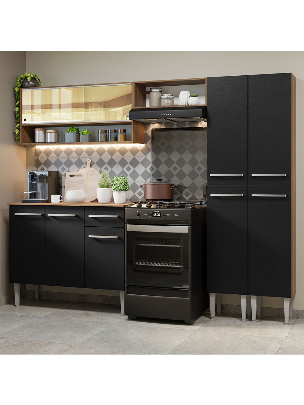 Armário de Cozinha Completa 229cm Rustic/Preto Emilly Madesa 04 - Rustic/Preto
