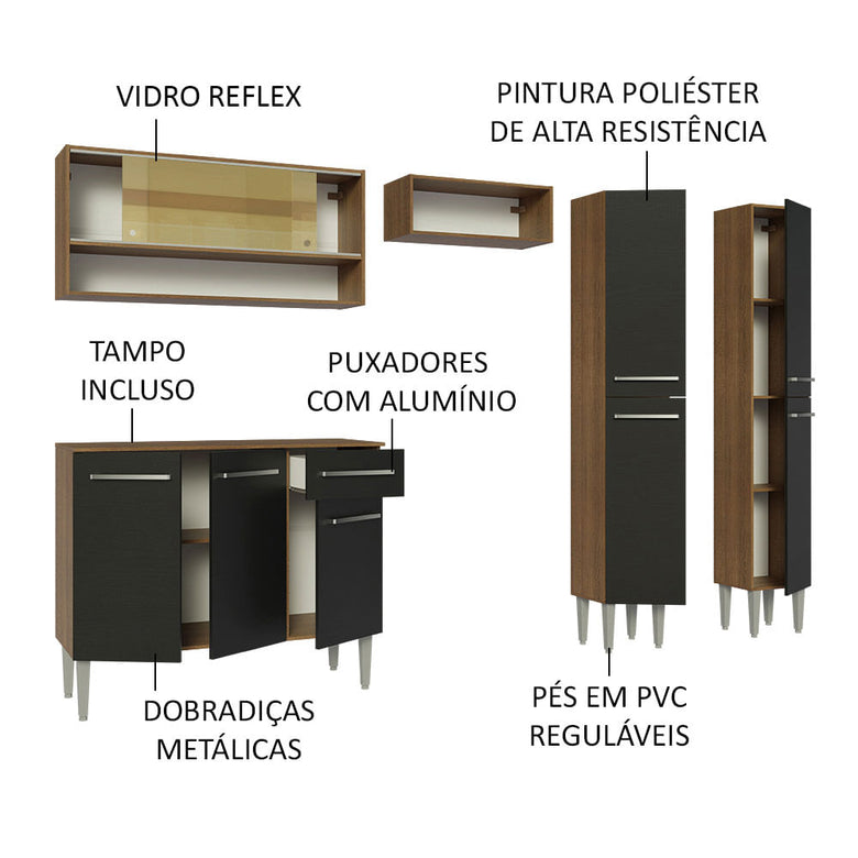 Armário de Cozinha Completa 229cm Rustic/Preto Emilly Madesa 04