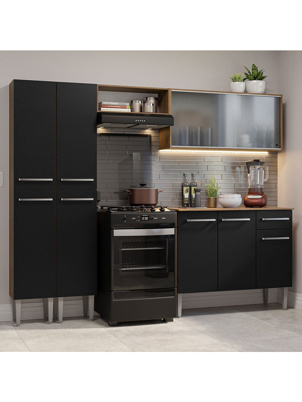 Armário de Cozinha Completa 229cm Rustic/Preto Emilly Madesa 05 - Rustic/Preto
