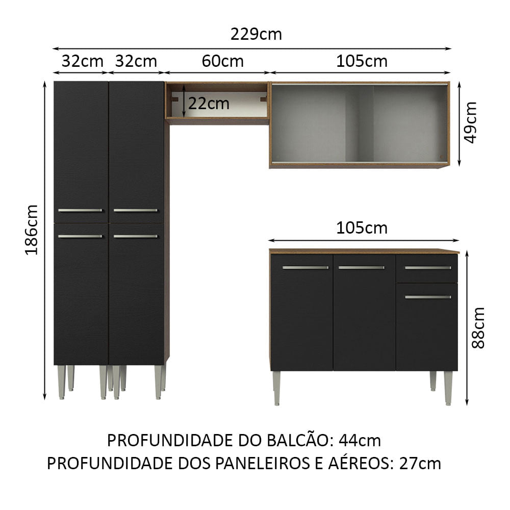 Armário de Cozinha Completa 229cm Rustic/Preto Emilly Madesa 05