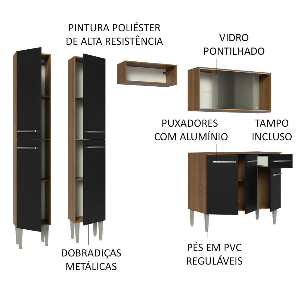 Armário de Cozinha Completa 229cm Rustic/Preto Emilly Madesa 05
