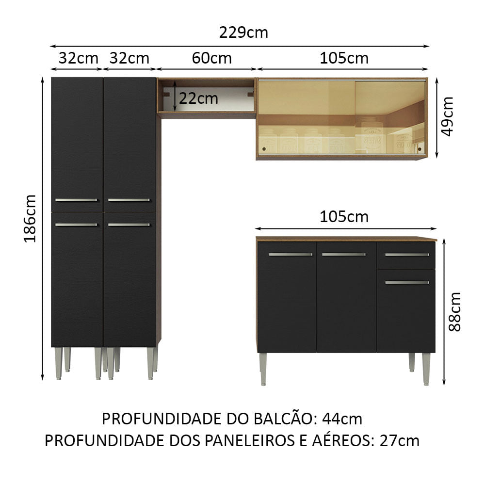 Armário de Cozinha Completa 229cm Rustic/Preto Emilly Madesa 06