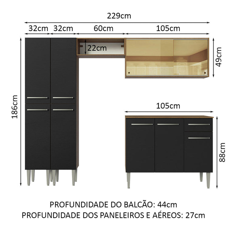 Armário de Cozinha Completa 229cm Rustic/Preto Emilly Madesa 06