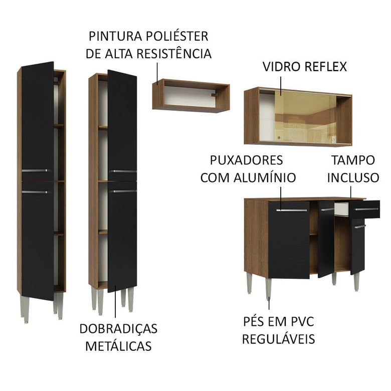 Armário de Cozinha Completa 229cm Rustic/Preto Emilly Madesa 06