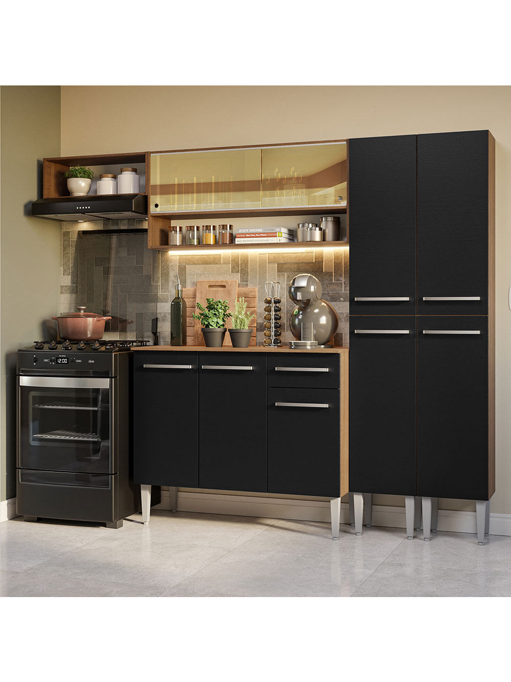 Armário de Cozinha Completa 229cm Rustic/Preto Emilly Madesa 07 - Rustic/Preto