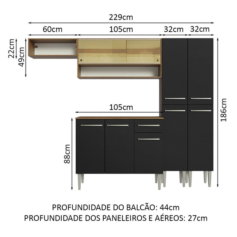 Armário de Cozinha Completa 229cm Rustic/Preto Emilly Madesa 07