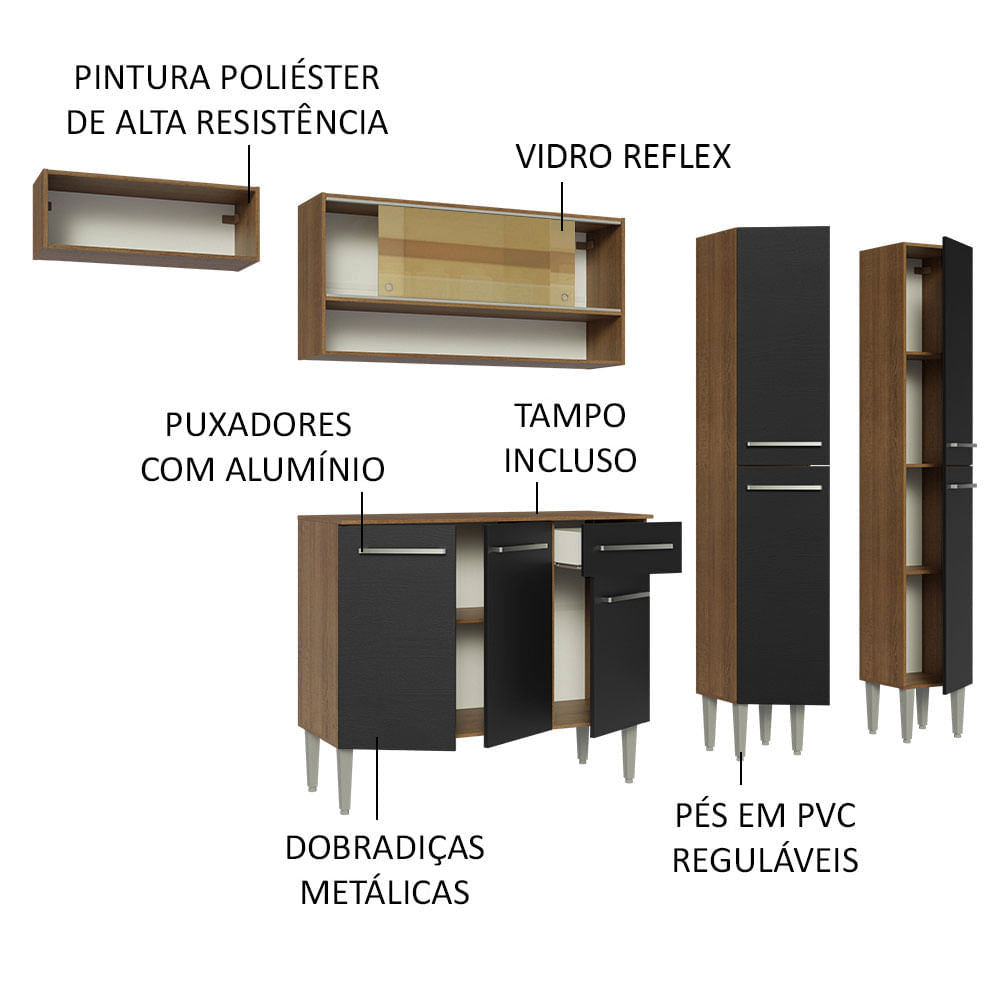 Armário de Cozinha Completa 229cm Rustic/Preto Emilly Madesa 07