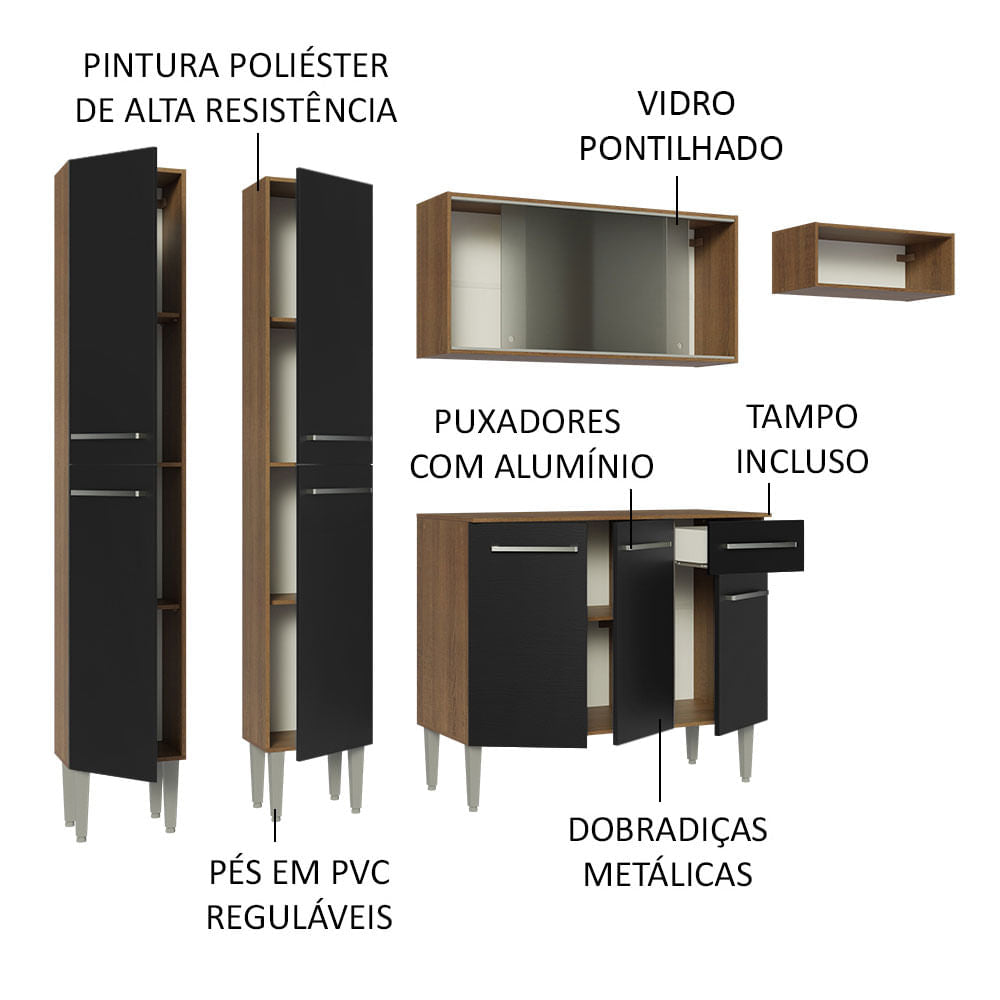 Armário de Cozinha Completa 229cm Rustic/Preto Emilly Madesa 08