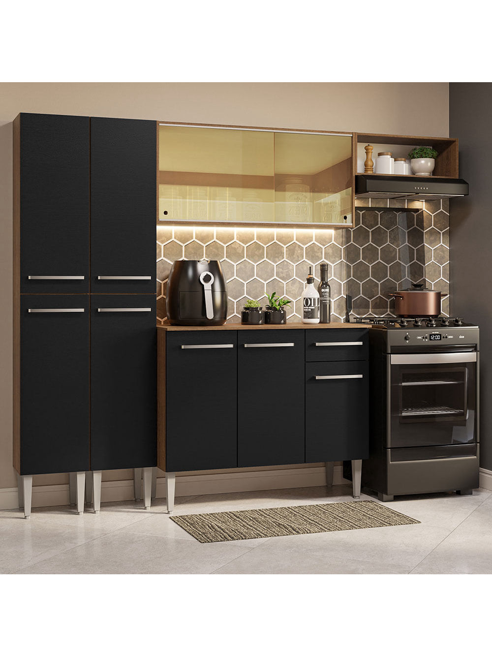 Armário de Cozinha Completa 229cm Rustic/Preto Emilly Madesa 09 - Rustic/Preto