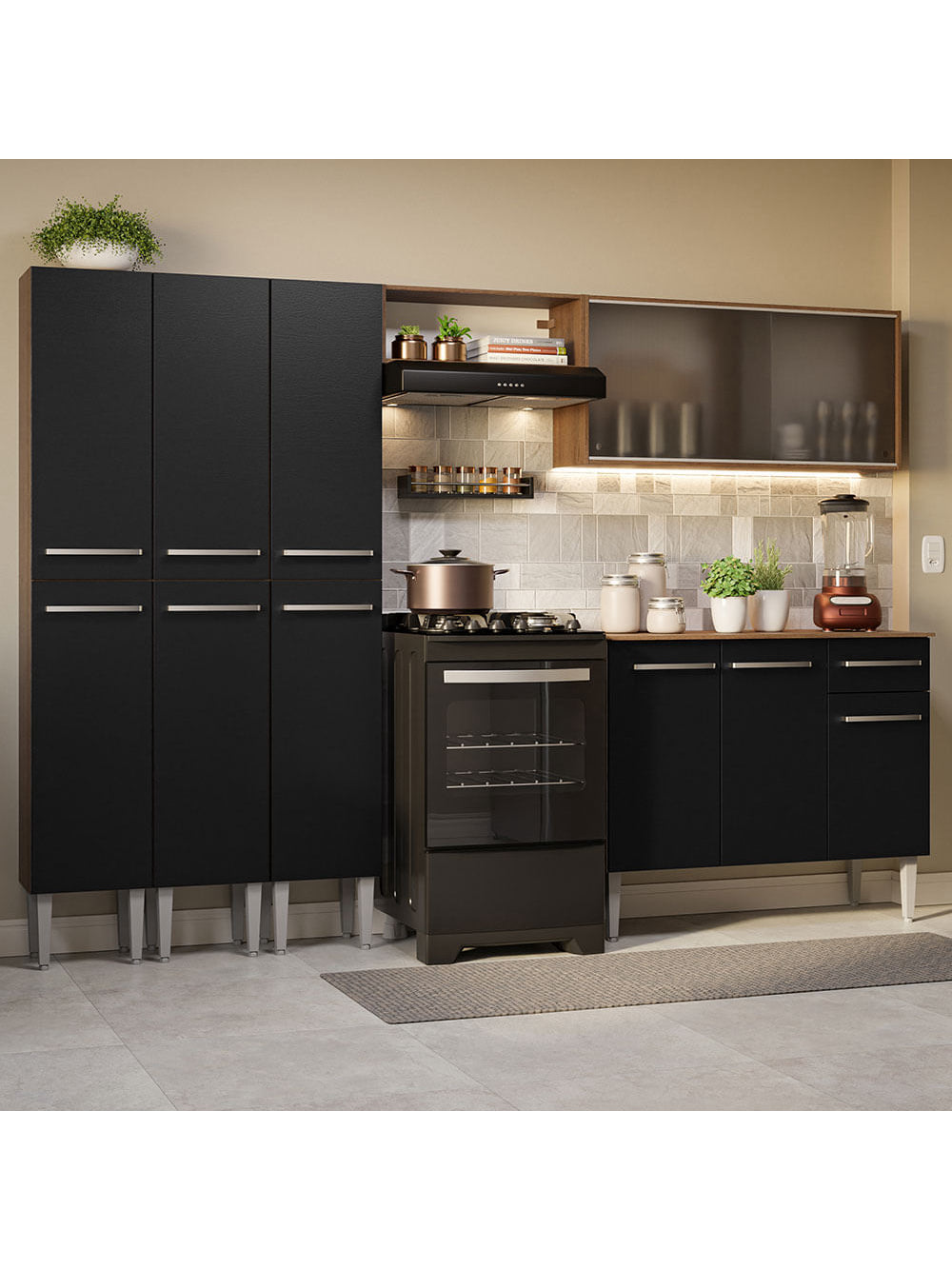 Armário de Cozinha Completa 261cm Rustic/Preto Emilly Madesa 03 - Rustic/Preto
