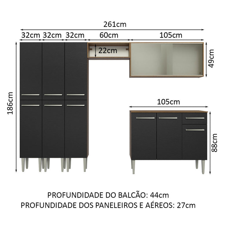 Armário de Cozinha Completa 261cm Rustic/Preto Emilly Madesa 03
