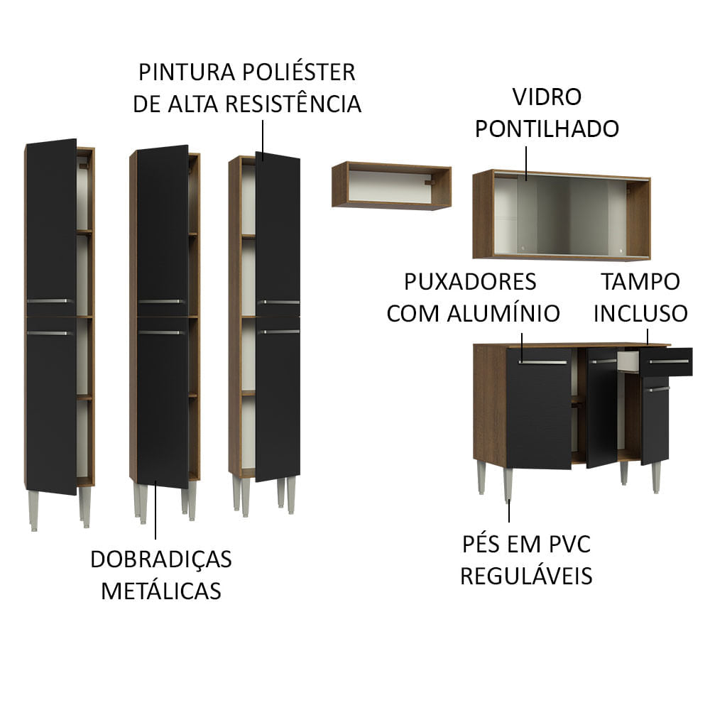 Armário de Cozinha Completa 261cm Rustic/Preto Emilly Madesa 03