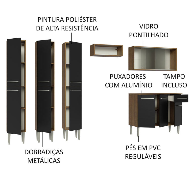 Armário de Cozinha Completa 261cm Rustic/Preto Emilly Madesa 03