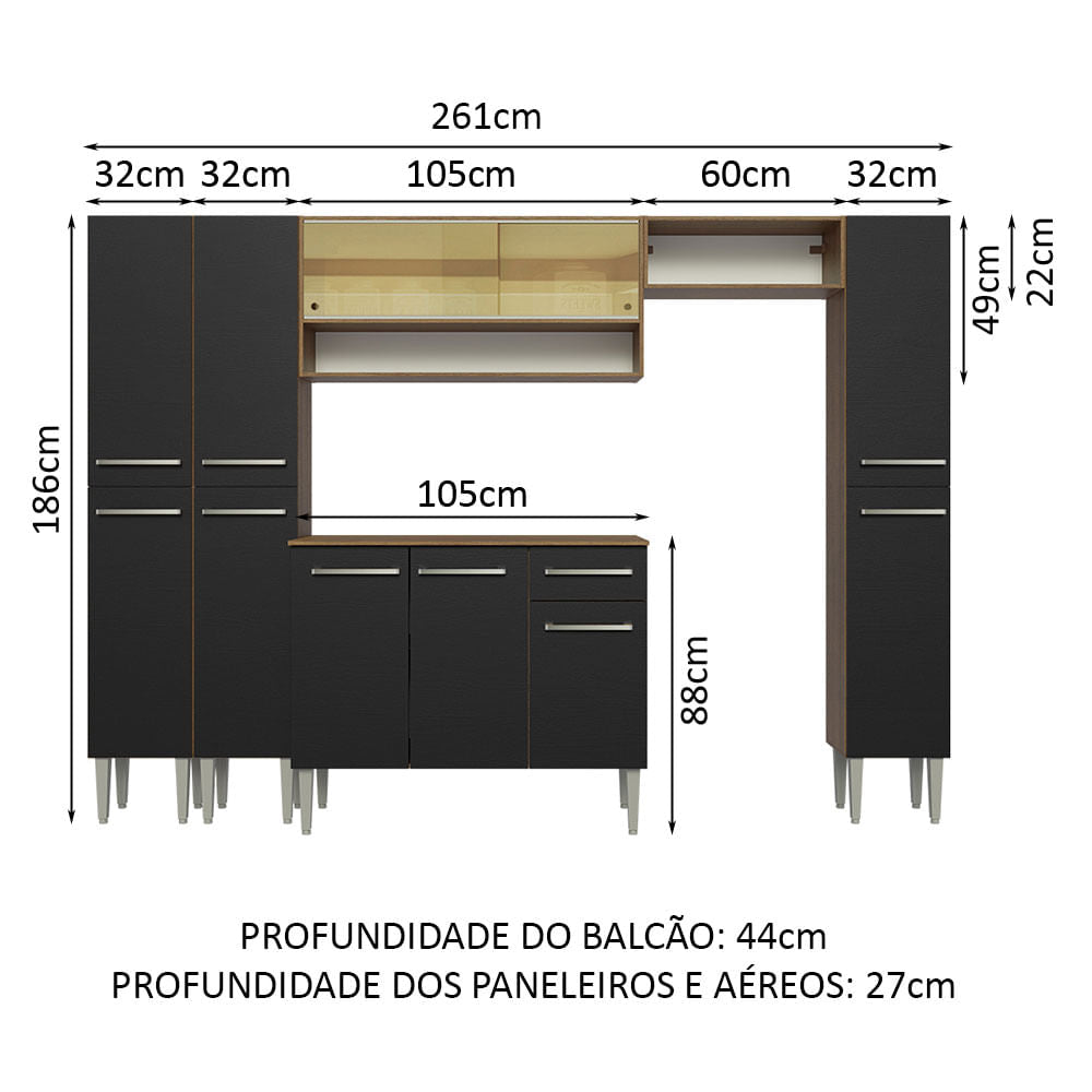Armário de Cozinha Completa 261cm Rustic/Preto Emilly Madesa 04
