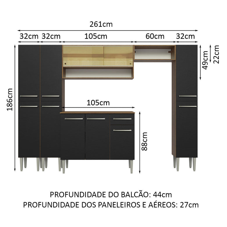 Armário de Cozinha Completa 261cm Rustic/Preto Emilly Madesa 04