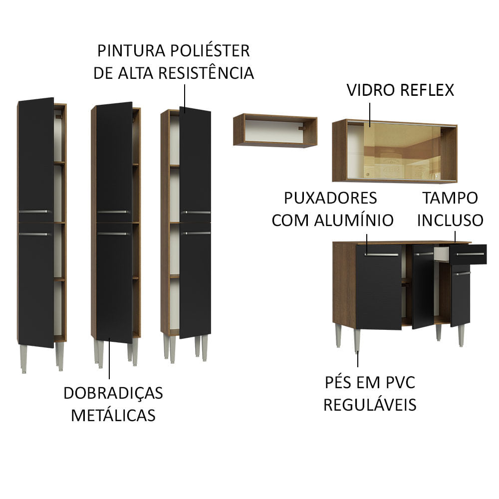 Armário de Cozinha Completa 261cm Rustic/Preto Emilly Madesa 05