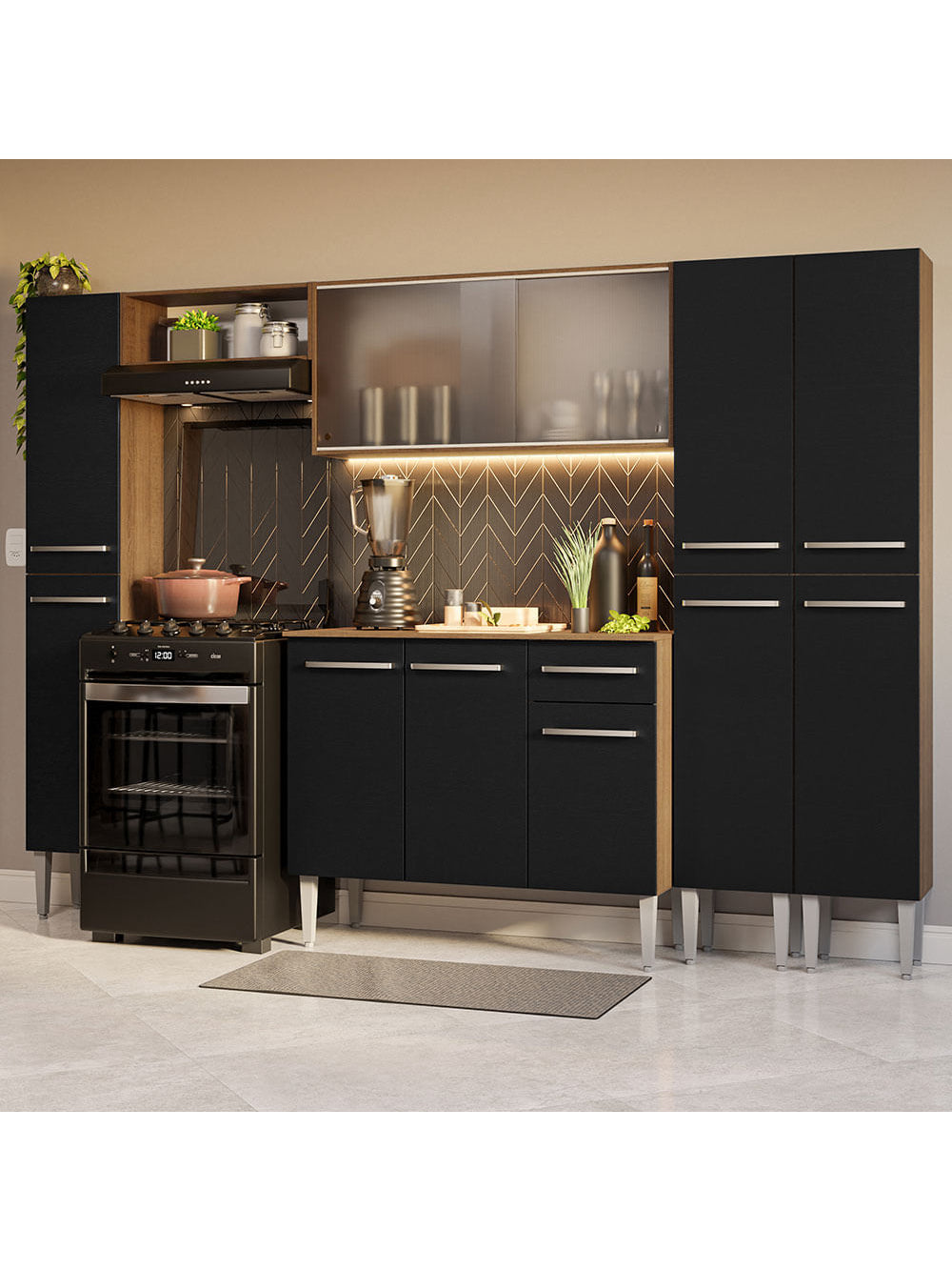 Armário de Cozinha Completa 261cm Rustic/Preto Emilly Madesa 06 - Rustic/Preto