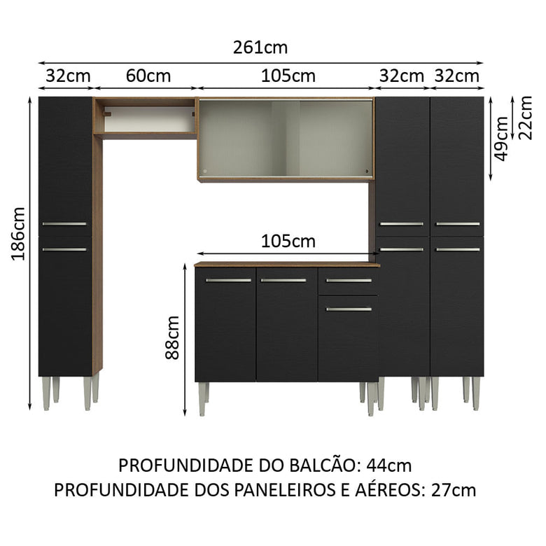 Armário de Cozinha Completa 261cm Rustic/Preto Emilly Madesa 06