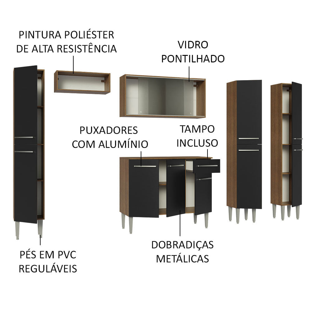 Armário de Cozinha Completa 261cm Rustic/Preto Emilly Madesa 06