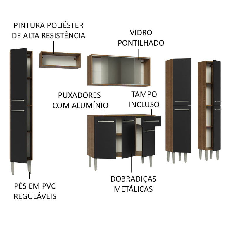 Armário de Cozinha Completa 261cm Rustic/Preto Emilly Madesa 06