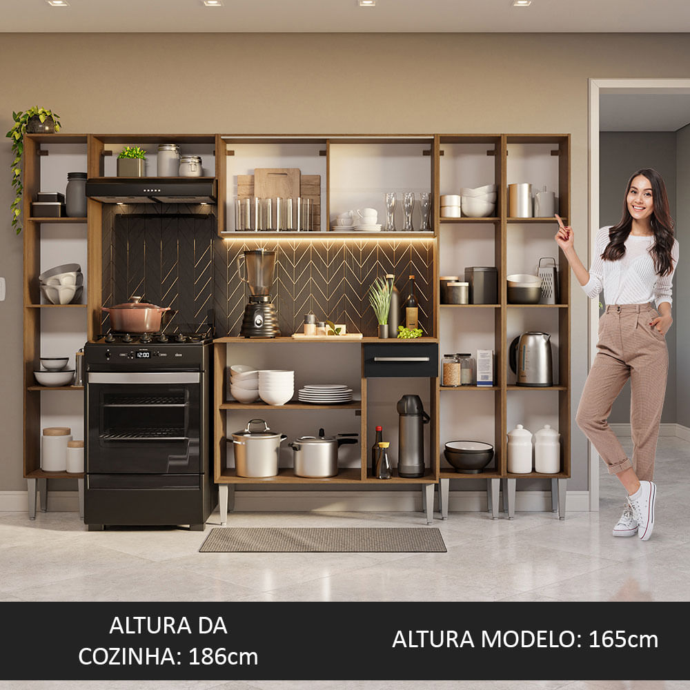 Armário de Cozinha Completa 261cm Rustic/Preto Emilly Madesa 06